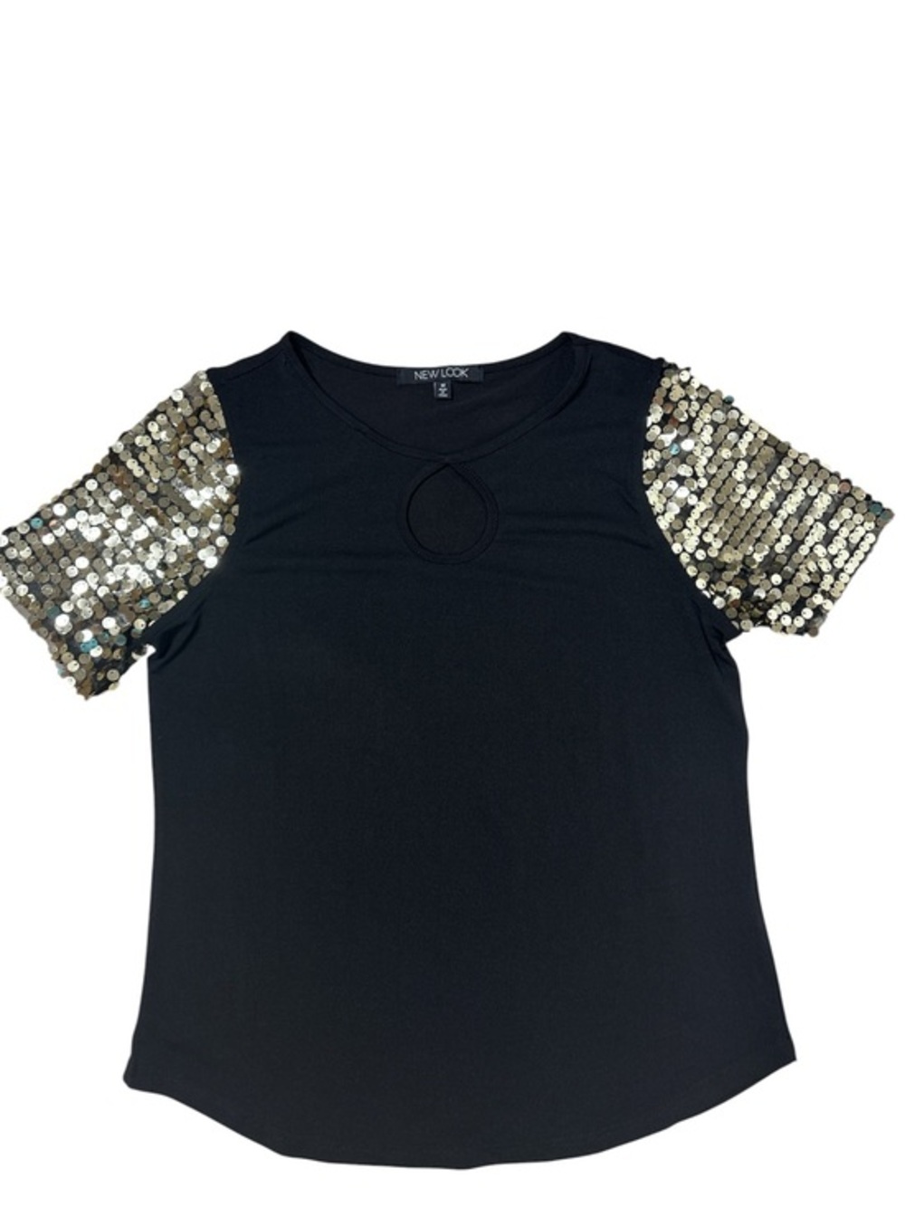 ⭐️ New Look Black Top with Keyhole detail & Gold Sequin Sleeves- size Medium